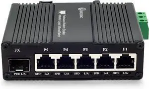 Mini AC Power Supply 5 Port Gigabit Switch with SFP Slot Din Rail Fanless Industrial Unmanaged Ethernet Switch 5*1000Mbps RJ45 Port +1G SFP Fiber Port Support Network Switch AC 85~250V Input