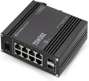 Teltonika TSW202 8 Ports Industrial L2+ Managed PoE Switch, 2 SFP Uplinks, Supports ProfiNET, EtherNet/IP, MRP, for Industrial Automation, IP Surveillance, and Networking