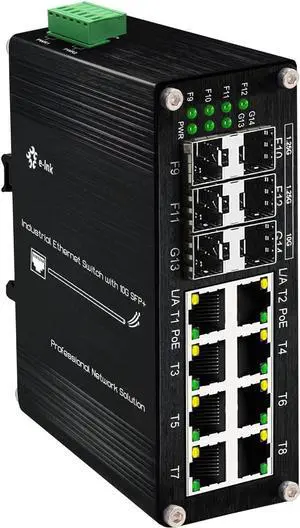 Industrial 14-Port PoE Switch - 4x 1G SFP, 2x 10G SFP+, 8x RJ45 10/100/1000Mbps PoE, DIN Rail Mount