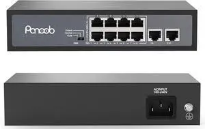 8-Port 120W PoE Switch, 2 Gigabit Uplink Ports, 802.3af/at, Supports 4K/8MP/5MP IP Cameras, Metal Housing, Plug & Play, Lightning Protection, PA-POE08
