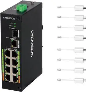 LINOVISION Industrial 8 Ports POE Switch, Built-in EOC Receiver, Ultra Long Reach PoE over Coaxial Cable Transmission, Extend PoE over Cat5E/Cat6 Network Cable up to 2500ft,Simply Cabling, Plug-n-Play