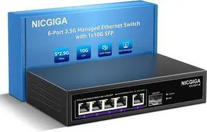6 Port 2.5G Web Smart Managed Ethernet Switch, 5x2.5Gbps Base-T&1x 10Gbps SFP+ Uplink, QoS/VLAN/IGMP/LAG Network Function, Ideal for 2.5Gb Network NAS/PC,WiFi6 Router,Wireless AP.