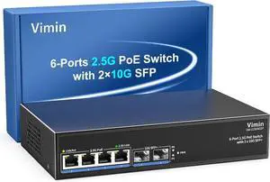 6-Port 2.5G PoE Switch Unmanaged, 4X 2.5GBase-T PoE Ports, 2X 10Gbps SFP, 4 Port PoE Switch 60Gbps Switching Capacity, Support IEEE802.3af/at, Metal Housing, Fanless, Desktop/Wall Mount 2.5Gbe Switch