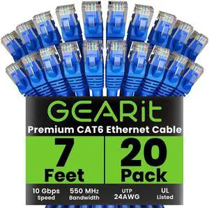 GEARit Cat 6 Ethernet Cable (20-Pack 7 Feet) Cat6 Network Patch, 10Gbps, RJ45, Snagless Cord, Gold-Plated Connectors, Internet for PC, TV, Tablet, Router, Printer, Servers, IT Data Center - Blue