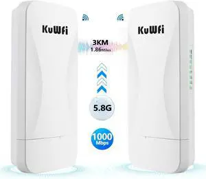 KuWFi Point to Point Gigabit Wireless Bridge 5.8G 900Mbps 1Gbs LAN Ports Long Range CPE Bridge Network Extend Outdoor 3KM/1.86Miles to of Shop, Barn,Farm and CCTV Connection