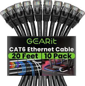 GearIT Cat 6 Ethernet Cable (10-Pack 20 Feet) Cat6 Network Patch, 10Gbps, RJ45, Snagless Cord, Gold-Plated Connectors, Internet for PC, TV, Tablet, Router, Printer, Servers, IT Data Center - Black