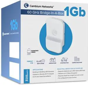 Cambium Networks 60 GHz Bridge in a Box 1 Gb- Extend Internet Connectivity Up to 500 Feet (150 Meters)- 1 Gbps Throughput- LAN Extension- Backhaul Outdoor/Remote Wi-Fi Hotspots-(US cord)- C600510C001A