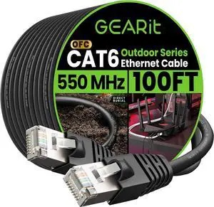 GEARit Cat6 Outdoor Ethernet Cable (100ft) 23AWG Pure Copper, FTP, LLDPE, Waterproof, Direct Burial, In-Ground, UV Resistant, POE, Network, LAN, Internet, Cat 6, Cat6 Cable - 100 Feet