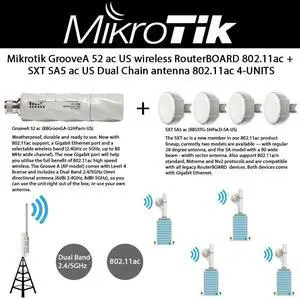 Mikrotik GrooveA 52 ac RBGrooveGA-52HPacn-US wireless Outdoor 802.11ac Gigabit PoE 2.4GHz 5GHz OSL4 + SXT SA5 ac RBSXTG-5HPacD-SA-US Wireless device with integrated antenna Dual Chain 5GHz 11ac 4UNITS