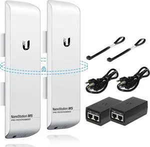 Wireless Bridge Ubiquiti NanoStation M5 PRE-CONFIGURED Bundle of 2 Ubiquiti airMAX NSM5-US, Point to Point Outdoor WiFi Bridge, Plugh and Play, 5GHz, 150+Mbps, 15+km Link Range, Network WiFi Bridge.