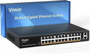 24-Port Gigabit Ethernet Switch with 2 Uplink 1000Mbps Ports, 26-Port Unmanaged Network Switch Support IEEE802.3af/at, VLAN, Metal Housing, Desktop, 19 inch Rack-Mount, Plug and Play