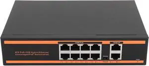 10 Port PoE Switch, 8 X 100M Fast Ethernet PoE Ports, 2 X 1000M Adaptive RJ45 Ports, Two Modes, Metal Housing and Temperature Range, for Routers, Nvr Connections, IP Cameras, USA Plug