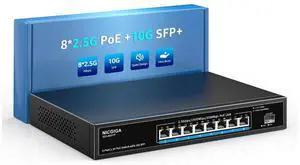 9 Port 2.5G PoE Switch Unmanaged, 8 x 2.5G Base-T PoE Ports, 10G SFP, IEEE802.3af/at, 120W, Compatible with 100/1000/2500Mbps, Metal Fanless, Desktop/Rack Mount 2.5Gbe Network Switch