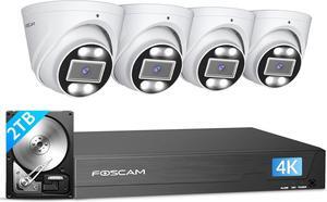 FOSCAM 4K 8MP NVR PoE Security Camera System 8 Channel NVR 4pcs Wired Outdoors IP PoE 8MP Security Cameras, 2TB HDD, Color Night Vision, 2-Way Audio, AI Human Vehicle Detection, FNA108E-T4