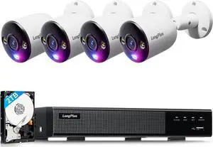 LongPlus 4k Security Camera System, 8CH NVR Wired Home Security Camera System Outdoor, 4 PoE IP Cameras, LED Spotlights Color Night Vision, 2.8mm Lens, 132° Angle, LED Flash Alarm Lights, with 2TB HDD