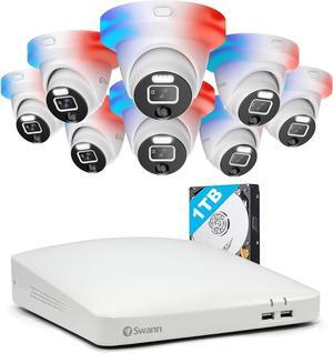 Swann 1080p HD Security Camera System White, 8-Ch DVR with 1TB HDD, 8 Indoor/Outdoor Wired Dome Cameras, 24/7 Home Surveillance, Color Night Vision, Weatherproof, True Detect