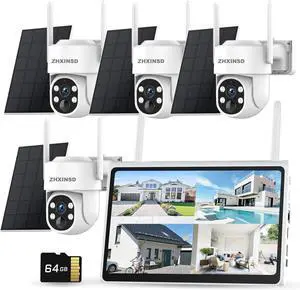 Gadpiparty 2.5K Outdoor Solar Wireless Security Camera System, 4-Camera Kit with 10" Monitor for Home Surveillance 360° View, 2.4/5GHz WiFi, Forever Power, 64GB Storage, No Subscription, No Monthly F