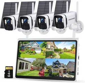 Gadpiparty 4MP Solar Powered Security Camera Outdoor Wireless System with 10" Monitor, 5G/2.4G WiFi 4PCS Outdoor Battery Camera with Solar Panel10CH Home Security System AI Human Detection 2-Way Audio