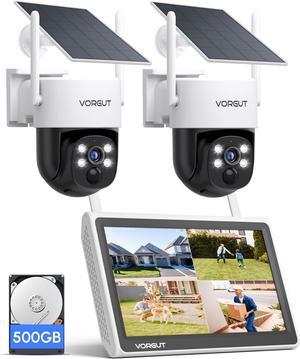 Gadpiparty Outdoor Solar Security Camera System Wireless with 10" 10CH Monitor NVR, 2PCS 4MP PTZ Battery Powered Surveillance Camera for Home Security,Human Detection,2-Way Talk,Built-in 500G HDD