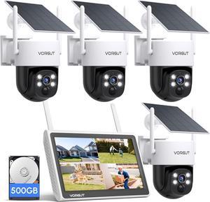 Gadpiparty Solar Security Camera System with Monitor, 4PCS 4MP Solar Powered PTZ Camera Outdoor, 10CH NVR with 500G HDD, Surveillance Camera Kits for Home Security, Human Detection/2-Way Talk