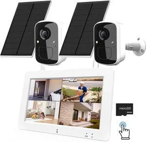 Gadpiparty Solar Wireless Security Camera System with 7" Touchscreen Monitor, 2PCS 4MP WiFi Battery Powered Camera Outdoor, PIR Human Detection, 2-Way Audio, Color Night Vision, Pre-installed 64GB SD