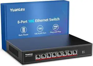 YuanLey 8-Port 10G Ethernet Switch, 8 x 10Gbps RJ45 Ports, Support 10G/5G/2.5G/1G/100Mbps Speed Auto-Negotiation, 160Gbps Switching Capacity, Unmanaged Switch Rackmountable, Plug and Play
