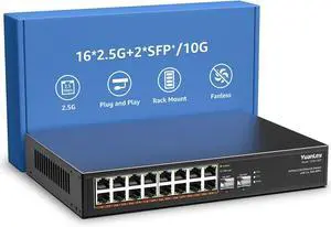 18 Port 2.5G Umanaged Ethernet Switch, 16 x 2.5Gb Base-T Ports, 2 x 10G SFP+, Compatible with 100/1000/2500Mbps, Metal Fanless, Desktop/Rack Mount YuanLey 2.5Gbe Network Switch for Wireless AP, PC