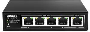 YuanLey 5 Port PoE Extender Gigabit with 4 PoE Out, 90W in, IEEE 802.3af/at/bt Mini 5 Channel Switch1000Mbps, Metal Casing, 6KV Lightning Protection, Passthrough Switch, Plug and Play