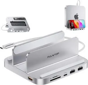 Mac mini Hub M1 M2 with M.2 SSD Enclosure (NOT for M4 2024), 8-in-1 Vertical Mac mini Dock Stand with USB A/C 3.2 10Gbps, 2 x USB A 2.0, SD/TF Slots, 3.5mm Audio Mic Jack