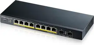 Zyxel 8-Port Gigabit Switch, 77W PoE+, Easy Smart Managed, w/2x SFP Fiber Uplinks (GS1900-10HP)