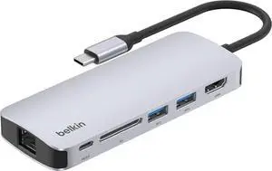 Belkin USB-C Hub - 6-in-1Multi-PortAdapter Dock with 4K HDMI, USB-C 100W PD Pass-Through Charging, 2X USB-A Ports, Gigabit Ethernet Ports, and SD Slot for MacBook Pro, Air, iPad, Pro, XPS and More