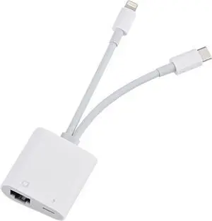 Lightning and USB C to Ethernet Adapter 2 in 1 RJ45 Ethernet LAN Network Adapter with Charge Port Compatible with iPhone/iPad/iPod/ and More Supports 100Mbps Plug and Play