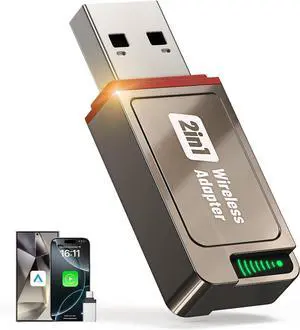 2-in-1 Wireless CarPlay Adapter Support ap CarPlay & Android Auto, Mini Bluetooth USB A & USB C Dongle Convert Wired to Wireless Compatible with iPhone & Android