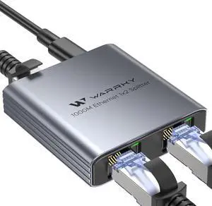 WARRKY Ethernet Splitter 1 to 2, 1000Mbps High Speed LAN Splitter, [0.55inch Ultra Slim, Integrally Molded Aluminum Case] Gigabit Ethernet Switch 2 port with USB-C Power Cable, for Cat5/5e/6/7/8 Cable