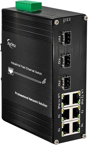 Industrial 9-Port Fast Ethernet PoE+ Switch, 6×10/100 RJ45 Ports (IEEE 802.3af/at, 30W/Port, 180W Total) + 3×100Base-FX SFP, 48-57V DC Dual Input & 48V PoE Output, for Industrial & Transportation Industrial 9-Port Fast Ethernet PoE+ Switch, 6×10/100 RJ45 Ports (IEEE 802.3af/at, 30W/Port, 180W Total) + 3×100Base-FX SFP, 48-57V DC Dual Input & 48V PoE Output, for Industrial & Transportation