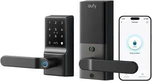 eufy Smart Lock C33, Keypad Door Lock with Handle, Fingerprint Door Knob, Keyless Entry Door Lock for Front Door and Bedrooms, Electronic Deadbolt, Wi-Fi, Remote App Control, IP53 Waterproof, Black