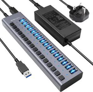 90W Powered USB Hub - ACASIS 16 Ports USB 3.0 Data Port, Aluminum Housing, Individual On/Off Switches, 12V/7.5A Power Adapter, USB Splitter for Laptop, PC, Computer, Printer