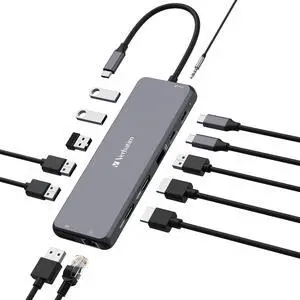 Verbatim 13 in 1 USB Type-C Hub for PD Rapid Charging, Supports USB PD, USB-C Port, Supports 8K (30Hz), 5Gbps Data, HDMI 8K (30Hz) x 2, DP, Audio, Internet, USB-A (3.2 Gen1), 3 USB-A (3.2 Gen2), USB-A Verbatim 13 in 1 USB Type-C Hub for PD Rapid Charging, Supports USB PD, USB-C Port, Supports 8K (30Hz), 5Gbps Data, HDMI 8K (30Hz) x 2, DP, Audio, Internet, USB-A (3.2 Gen1), 3 USB-A (3.2 Gen2), USB-A