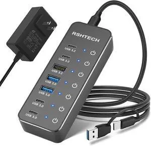 RSHTECH - 7-Port USB 3.2/USB-C Hub Splitter with 3 x USB 3.2 10Gbps (2C + 1A), 4 USB 3.0 Ports (2C + 2A), 3.2 Foot Cable, Touch Switch and Power Adapter