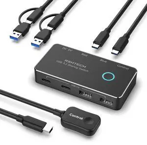 RSHTECH USB 3.2/USB C Switch 10Gbps 2 Computers Share 4 USB 3.2 Ports(2 USB-A+2 USB-C), USB Switcher Selector with 2 Cables and Controller for PC Laptop Keyboard Mouse