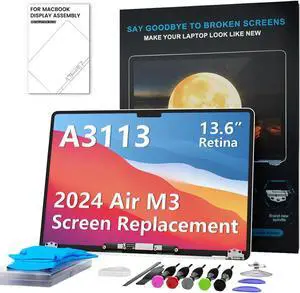 LHM A3113 Screen Replacement for MacBook Air 13" M3 2024 (EMC 8611) 13.6 inches 2560x1664 Full LCD Display Complete Assembly with Fix Kit (A3113-Starlight)