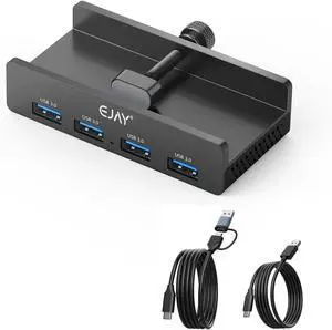 EJAY 4Ports USB3.0 Splitter Alu Clamp Desktop USB HUB for Desk/Monitors Clipping with Extra Power Supply Port and 2 Long Cables(59inches Data & 39inches Power Cables)