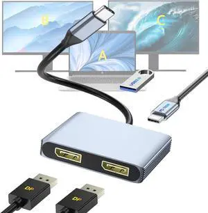 DisplayPort Splitter for Dual Monitors, 4K@60Hz USB-C to DisplayPort Adapter, Type-C Docking Station for Dell/HP/Mac, Display Port MST Hub with USB3.0/PD, Display Port Splitter for Dual Monitors