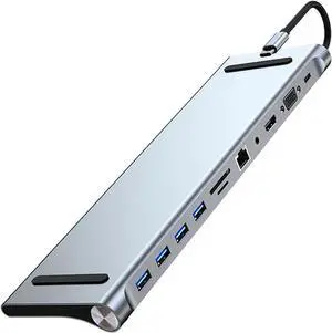 11 in 1 USB C Hub Docking Station Dual Monitor with 2 HDTV+PD + 3 USB Ports +SD/TF Card Reader + 4K HDMI-Compatible VGA Ethernet + Audio for PC Mac Laptop