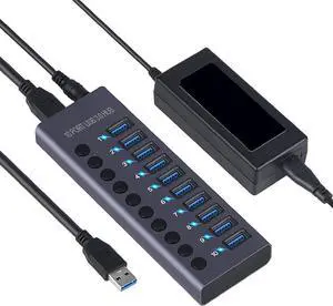 10 Port 60W USB 3.0 Hub with Individual Power Switches and LEDs Includes, 60W 12V 5A Power Adapter, USB Splitter for for iOS, for Linux, Aluminum Alloy Shell (US Plug