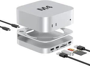 AKKYAJAURE Mac Mini M4/M4 Pro 9 in 1 Aluminum Hub and Dock with M.2 NVMe SSD Enclosure, 10Gbps USB-A*2, SD/TF Card Readers, USB 2.0