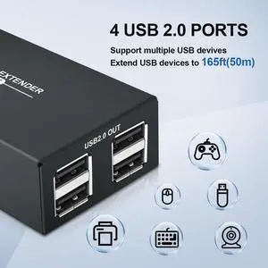 USB Extender Over Ethernet up to 165ft 50m,with 4 USB 2.0 Ports, Over Cat5e/6/7 USB Extender, Support Windows, MacOS, Android, LinuxCompatible with Keyboard&Mouse, Webcams, Gamepad and More
