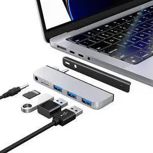 Qwiizlab USB C Hub 5-in-1 Adapter, USB 3.0 Data Port, microSD Card Reader, 3.5mm Audio Port for 2024/23/22/21 14/16-inch MacBook Pro M4/M3/M2/M1 Pro/Max (Silver)