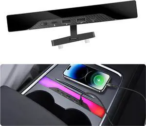 Vellhezy USB Hub for Tesla Model 3/Y Accessories 2024 2023 2022 2021, Multi Port Fast Charger with RGB Ambient Lighting, Docking Station fit Tesla Center Console (Not fit Model 3 2024), Gray