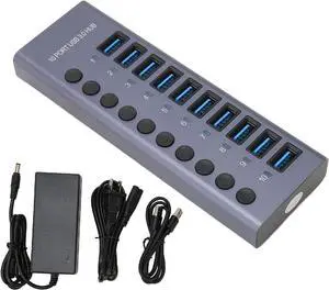 10 Port USB 3.0 Hub,10 Ports USB Date Hub, USB Data Hub Splitter, 60W USB 3.0 USB Port Hub, Hub with Individual Power Switches with LED Indicator Light